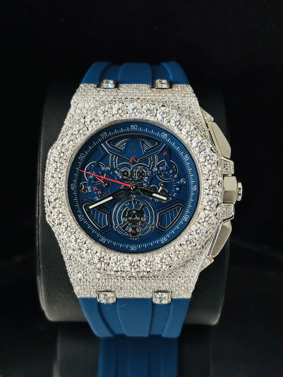 Skeleton Dial Blue Silicon Strap Iced Out Moissanite Watch