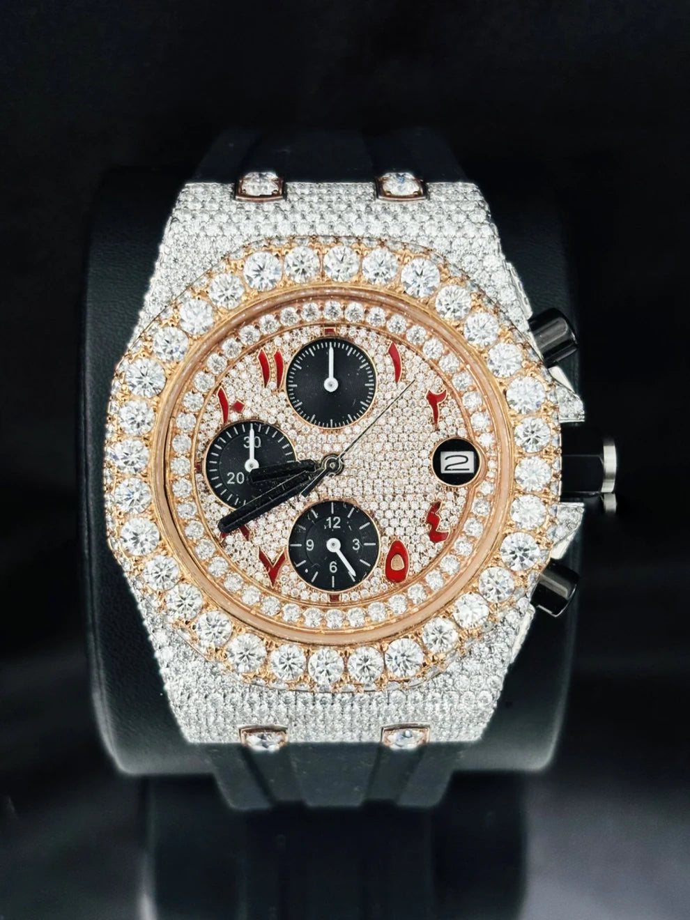 Red Arabic Number Moissanite Watch With Black Silicon Straps