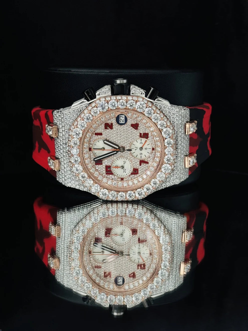 Red Army Silicon Band Multi Chronograph Moissanite Stone Watch