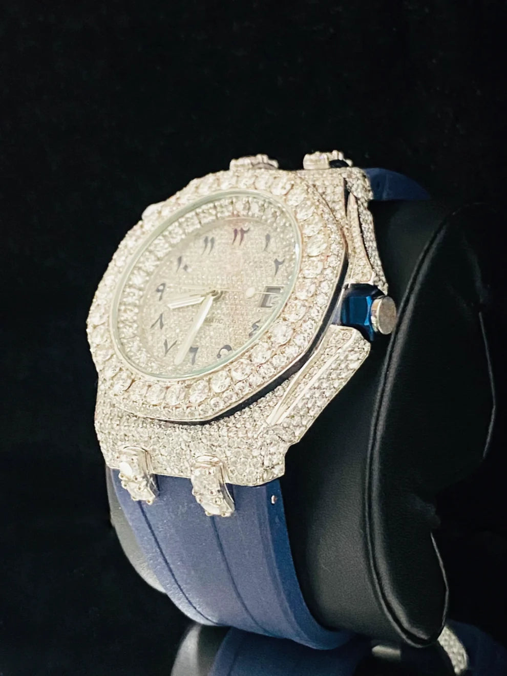 Big Bezel Moissanite Royal Blue Silicon Belt Watch