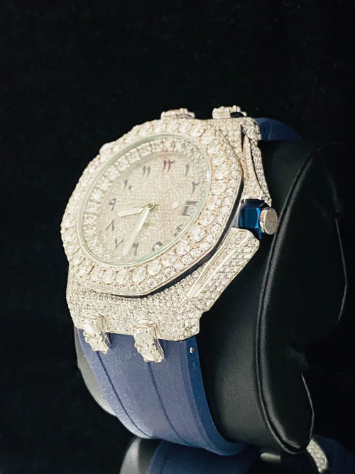 Custom octagonal iced out watch with pavé dial and blue Arabic-Indic markers