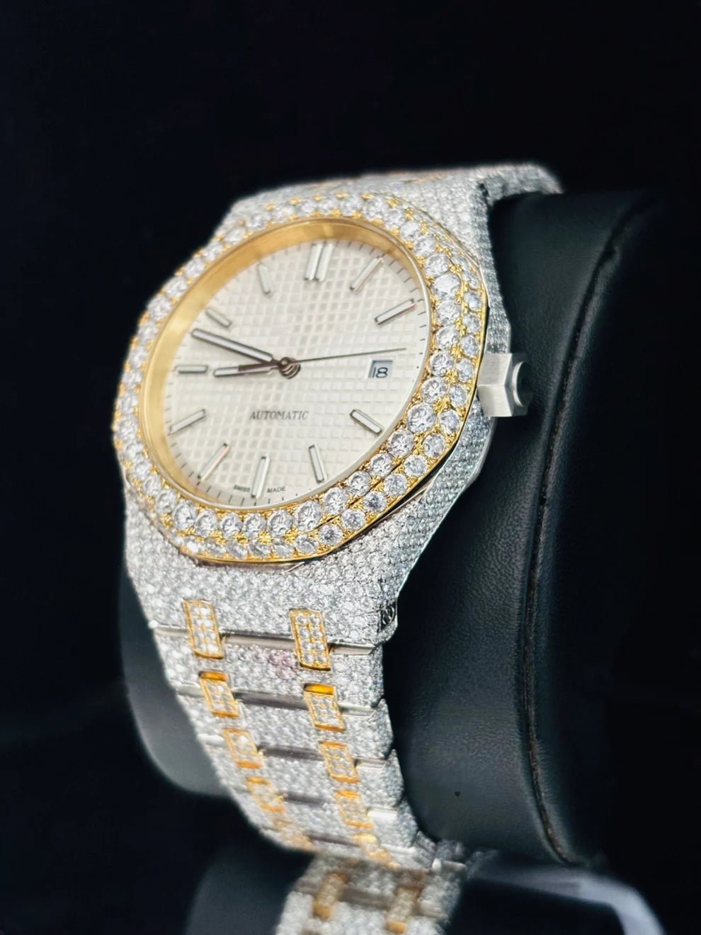 White Dial Two Tone Moissanite Diamond Studded Watch