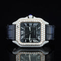 Black Dial Leather Belt Bezel Moissanite Wrist Watch