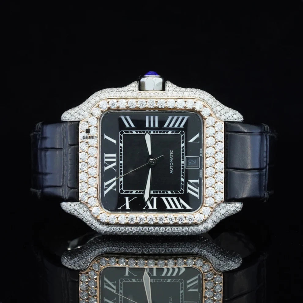 Black Dial Leather Belt Bezel Moissanite Wrist Watch