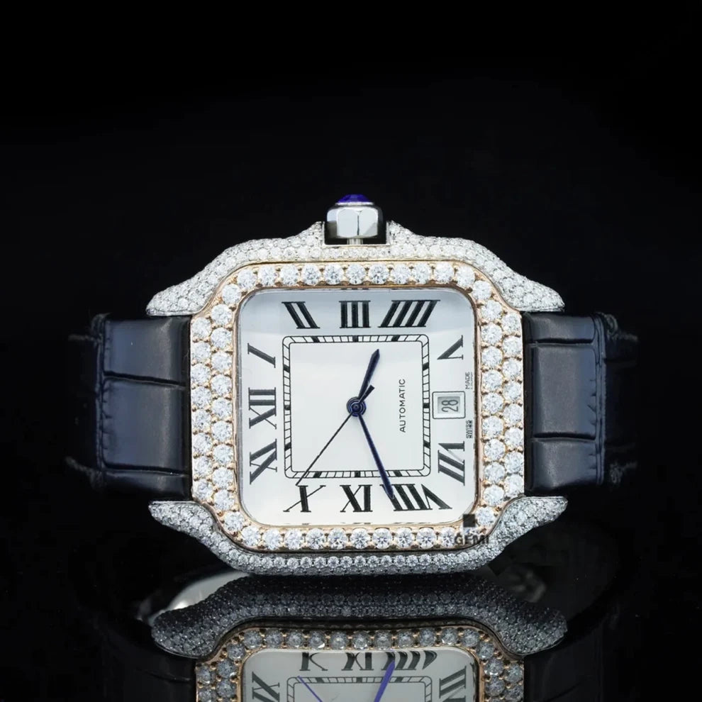 Black Leather Belt Bezel White Dial VVS Iced Out Watch