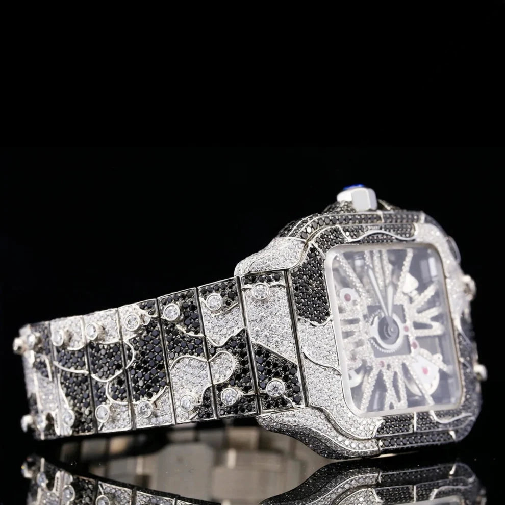 Bicolor Zebra Print Black & White Moissanite Bust Down Watch