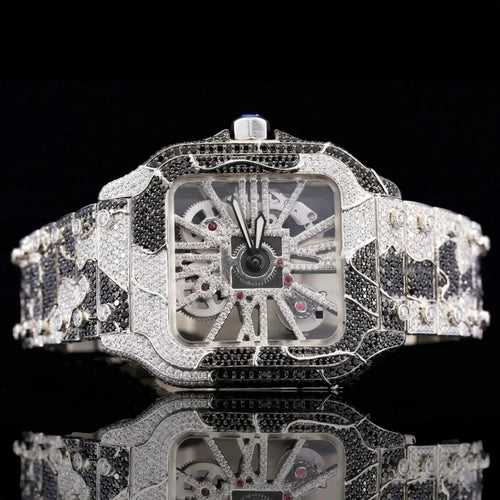 Luxury square skeleton wristwatch completely paved with white and black diamonds in a camouflage design