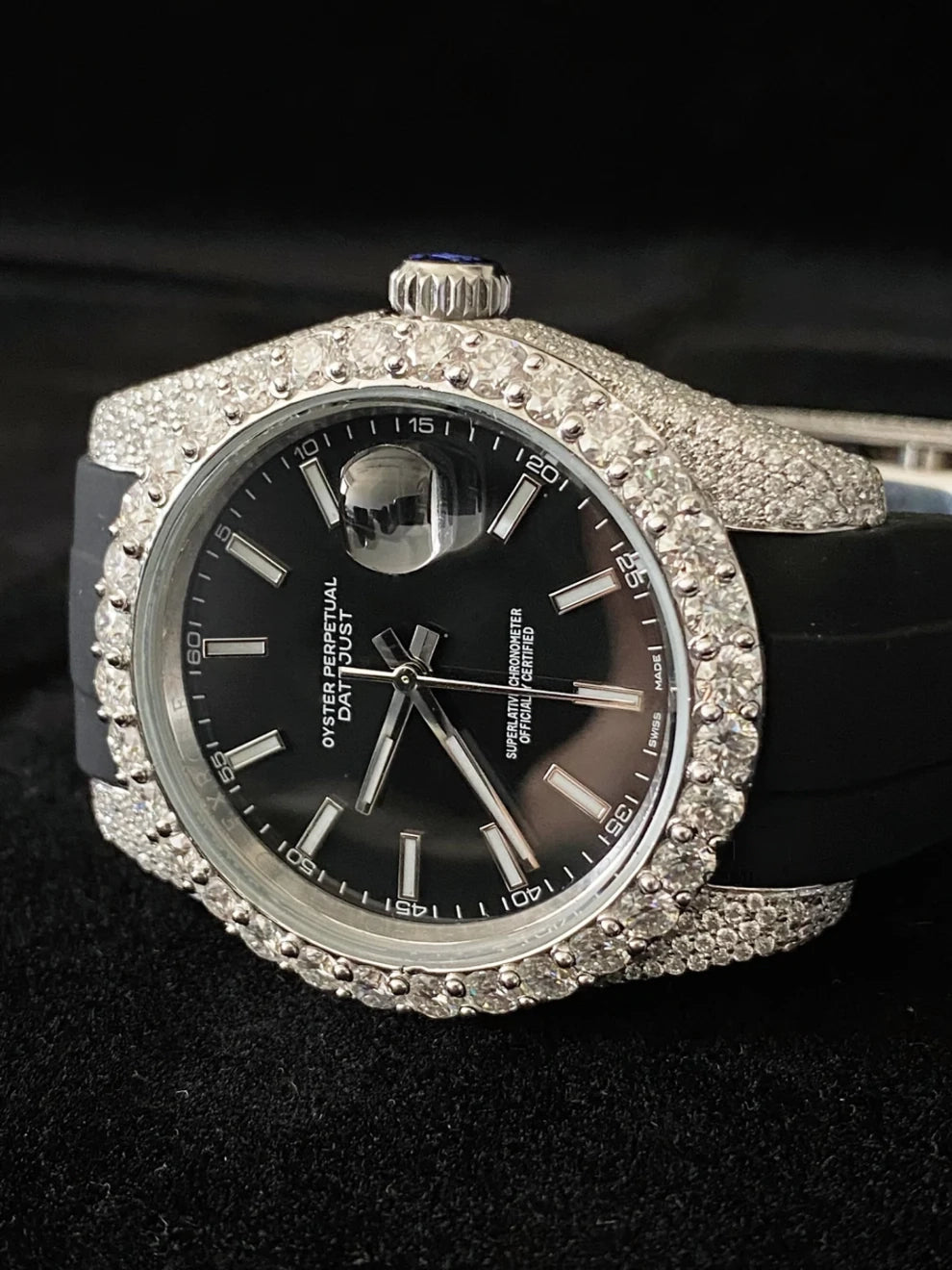 Big Bezel Black Dial Moissanite Watch With Black Silicon Strap