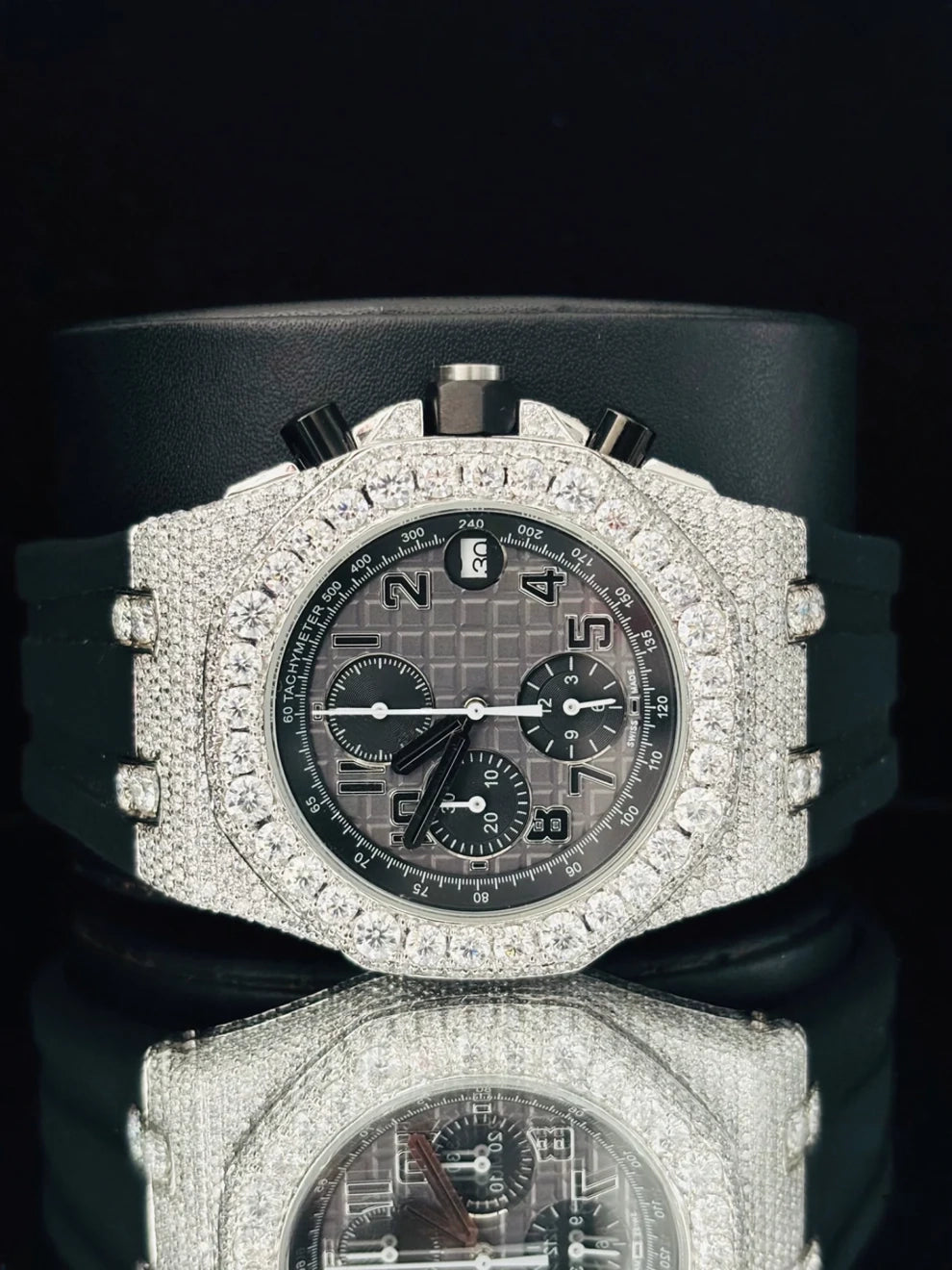 Black Dial Multi Chronograph Moissanite Diamond Watch