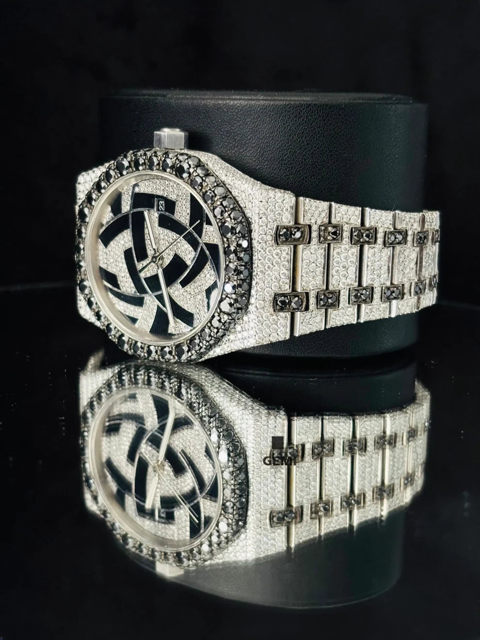 Geometric Dial Black & White Iced Out Hip Hop Moissanite Watch