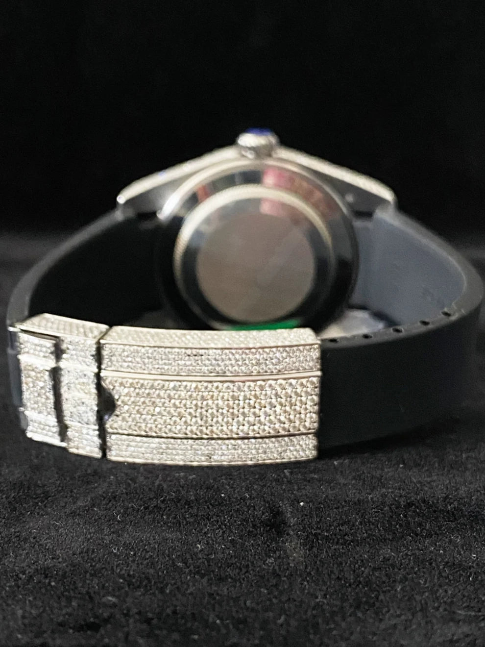 Big Bezel Black Dial Moissanite Watch With Black Silicon Strap