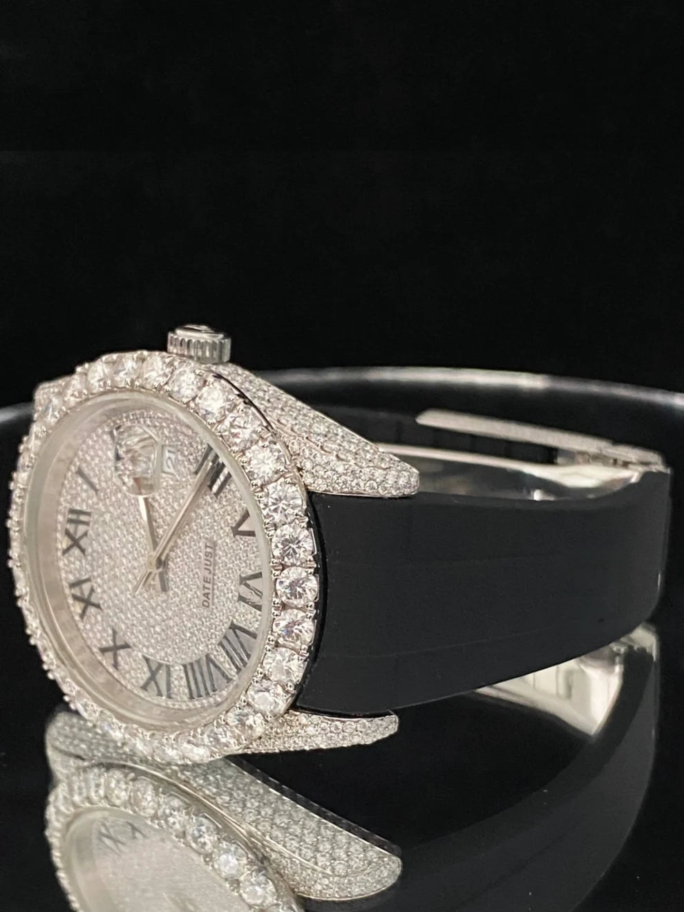Elegant Half Iced Out VVS Moissanite Watch With Black Silicon Straps