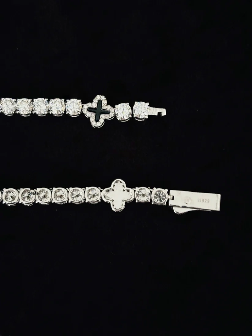 10MM Silver Round Four Leaf Clover Tennis Moissanite Chain For Men