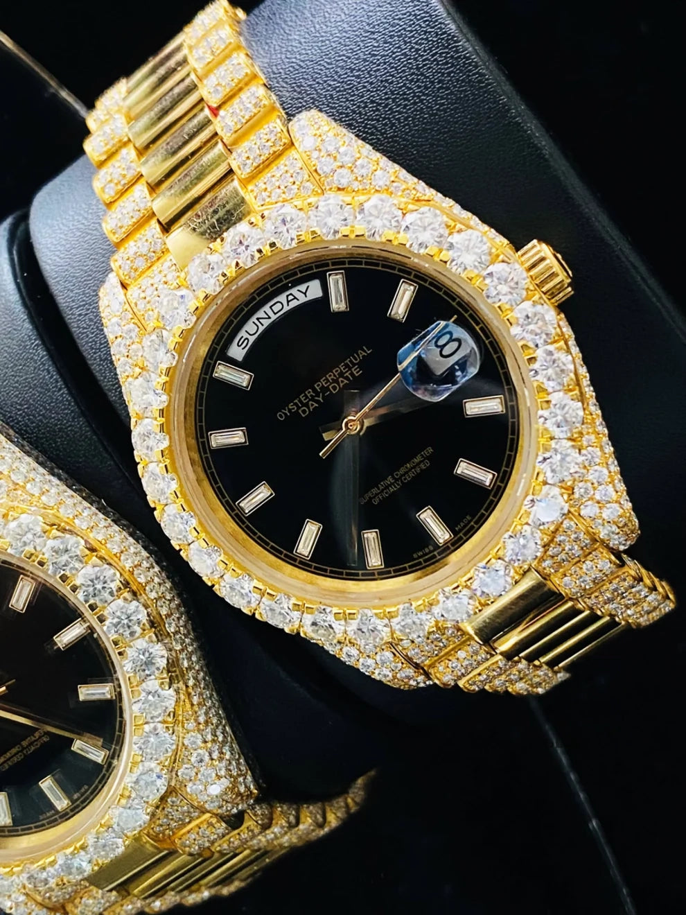 Stunning Black Dial Baguette Bar Iced Out Moissanite Watch