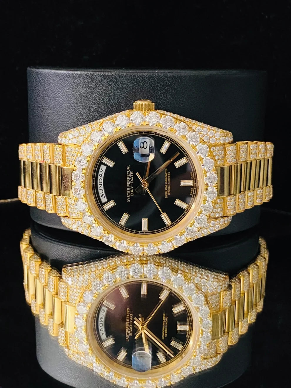 Stunning Black Dial Baguette Bar Iced Out Moissanite Watch
