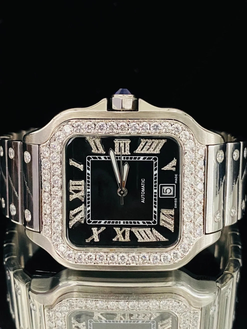 Luxury Men's Stainless Steel Iced Out Black Bezel Diamond Iced Watch
