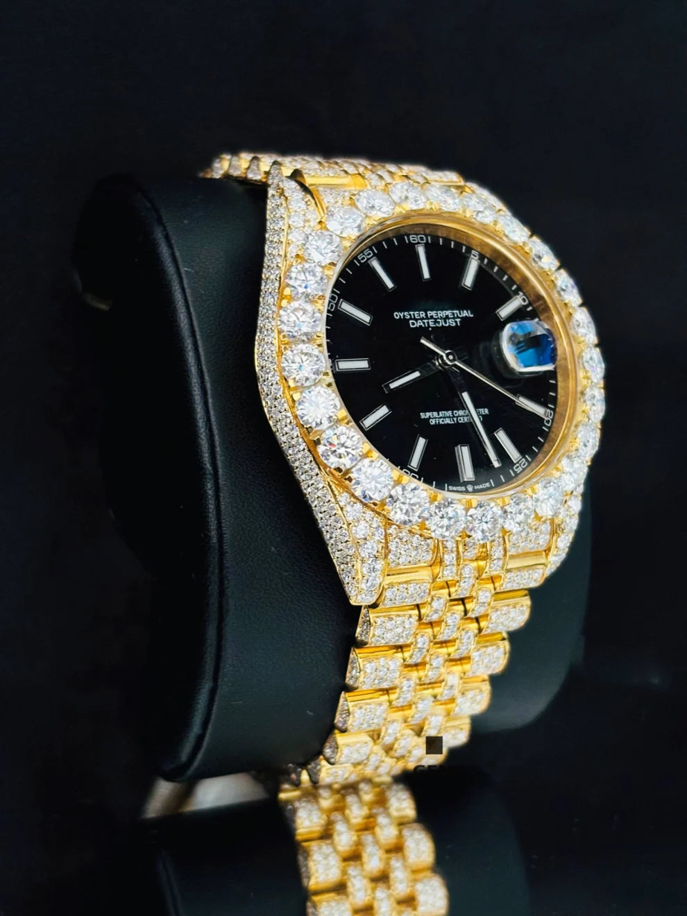41MM Black Dial White Bar Iced Out Moissanite Watch