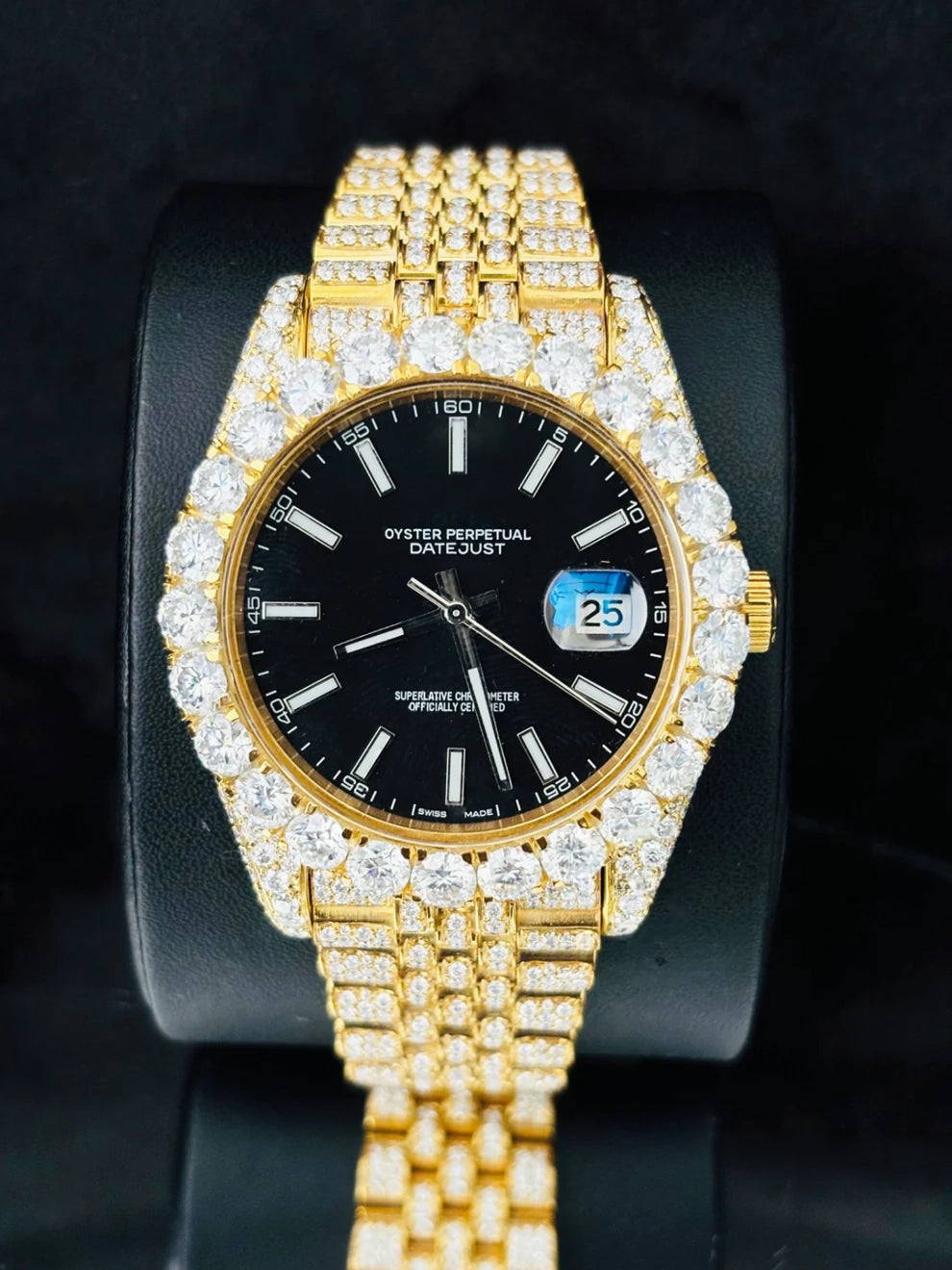 41MM Black Dial White Bar Iced Out Moissanite Watch