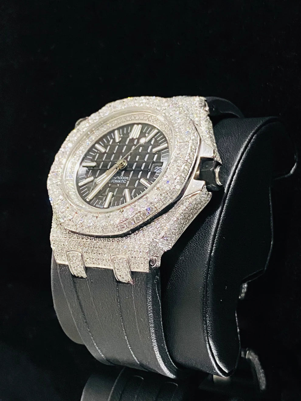 Best Luxury Fully Black Dial And Straps Moissanite Watch