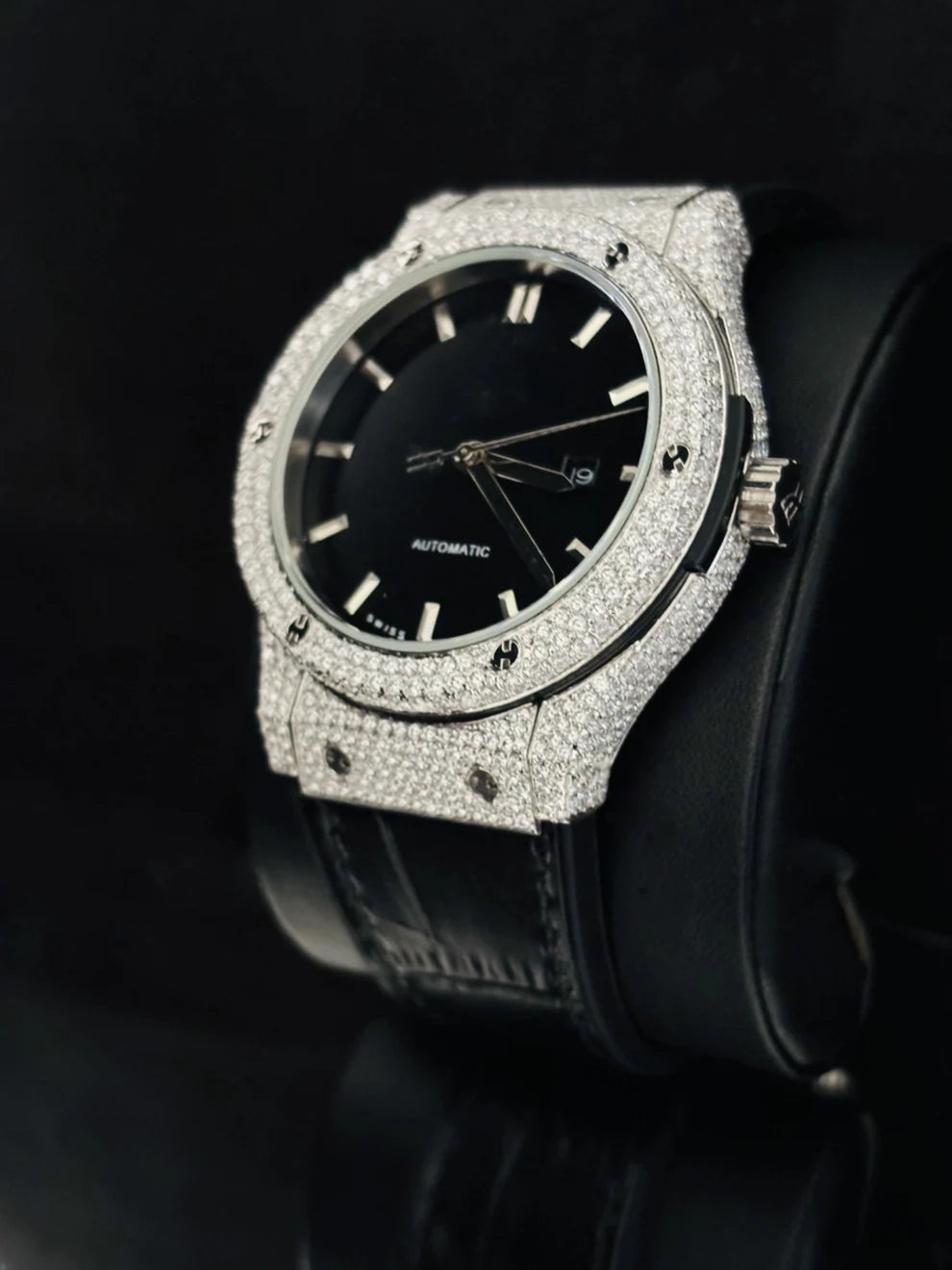 Black Dial Moissanite Wrist Watch With Black Leather Belt