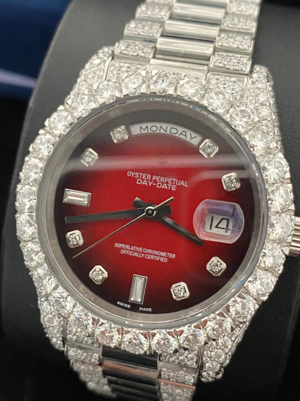 Elegant Red Black Dial Iced Out Moissanite Watch For Men