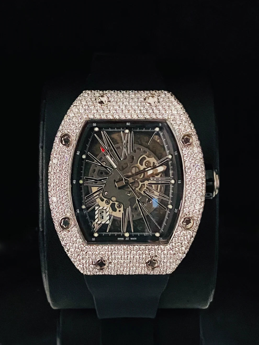 Black Silicon Or Rubber Belt Fully Ice Out Moissanite Watch
