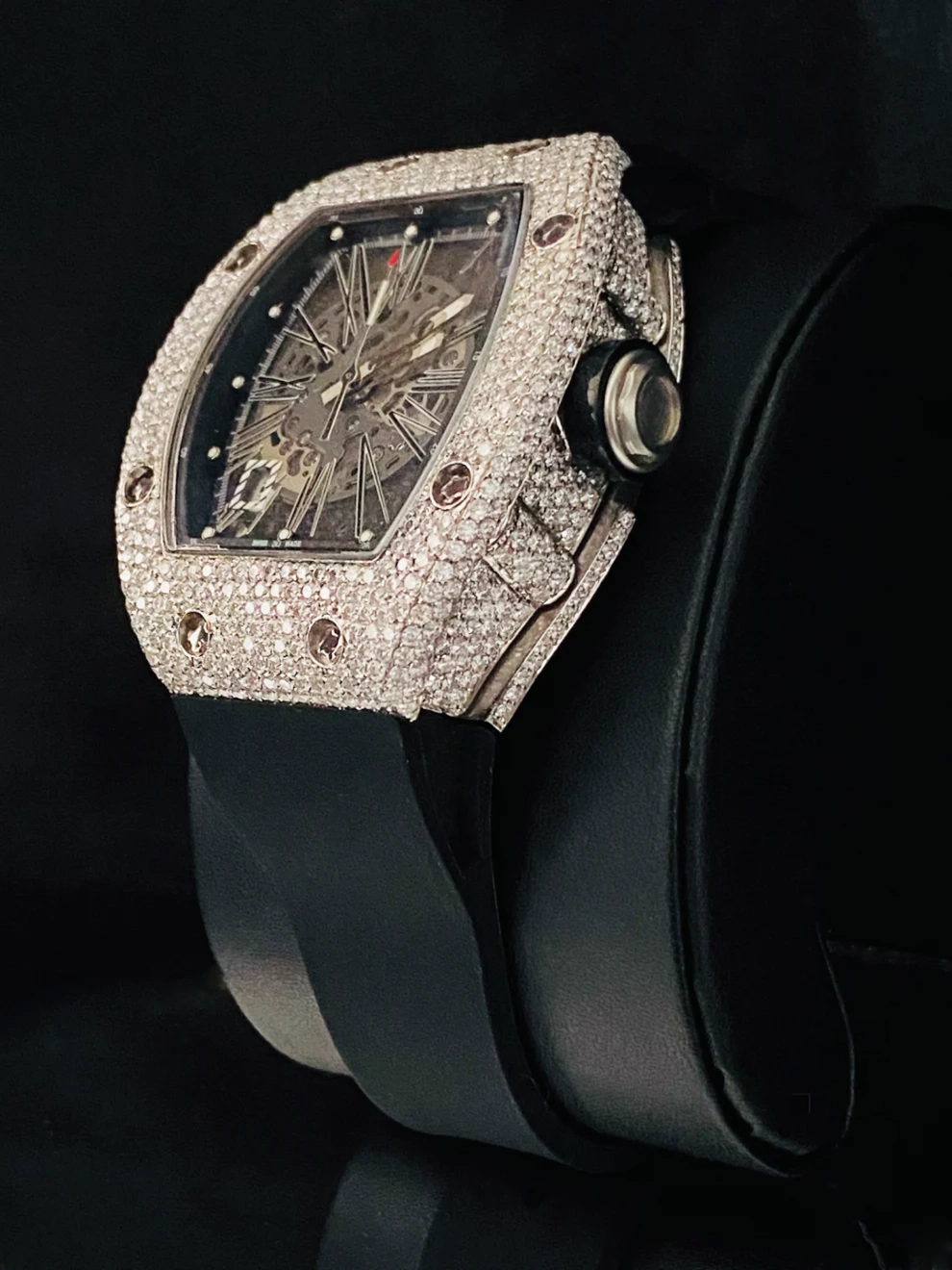 Black Silicon Or Rubber Belt Fully Ice Out Moissanite Watch