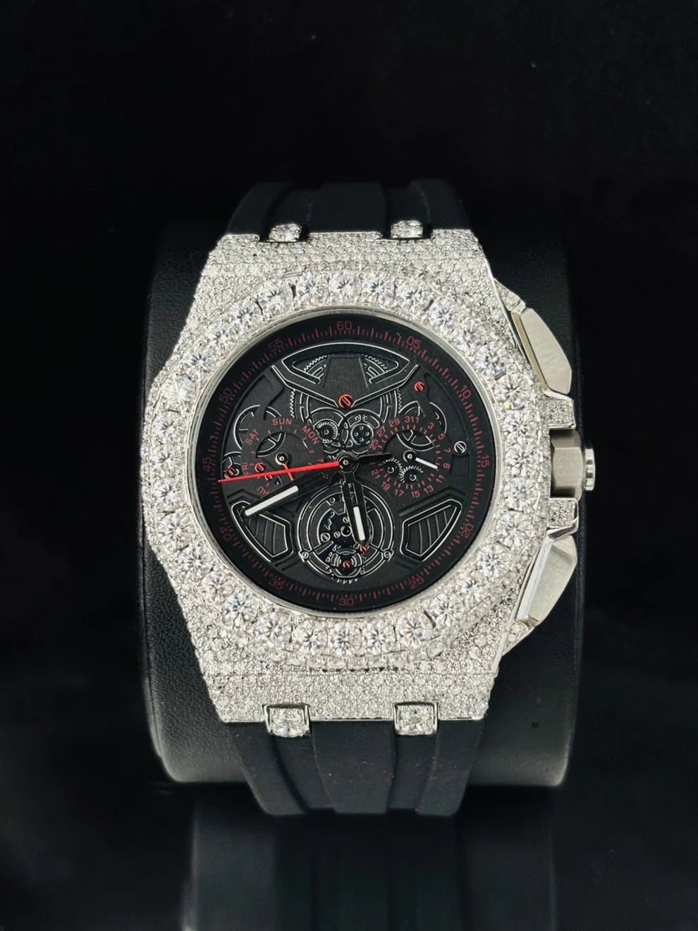 Black Rubber Strap Big Bezel Moissanite Hip Hop Watch