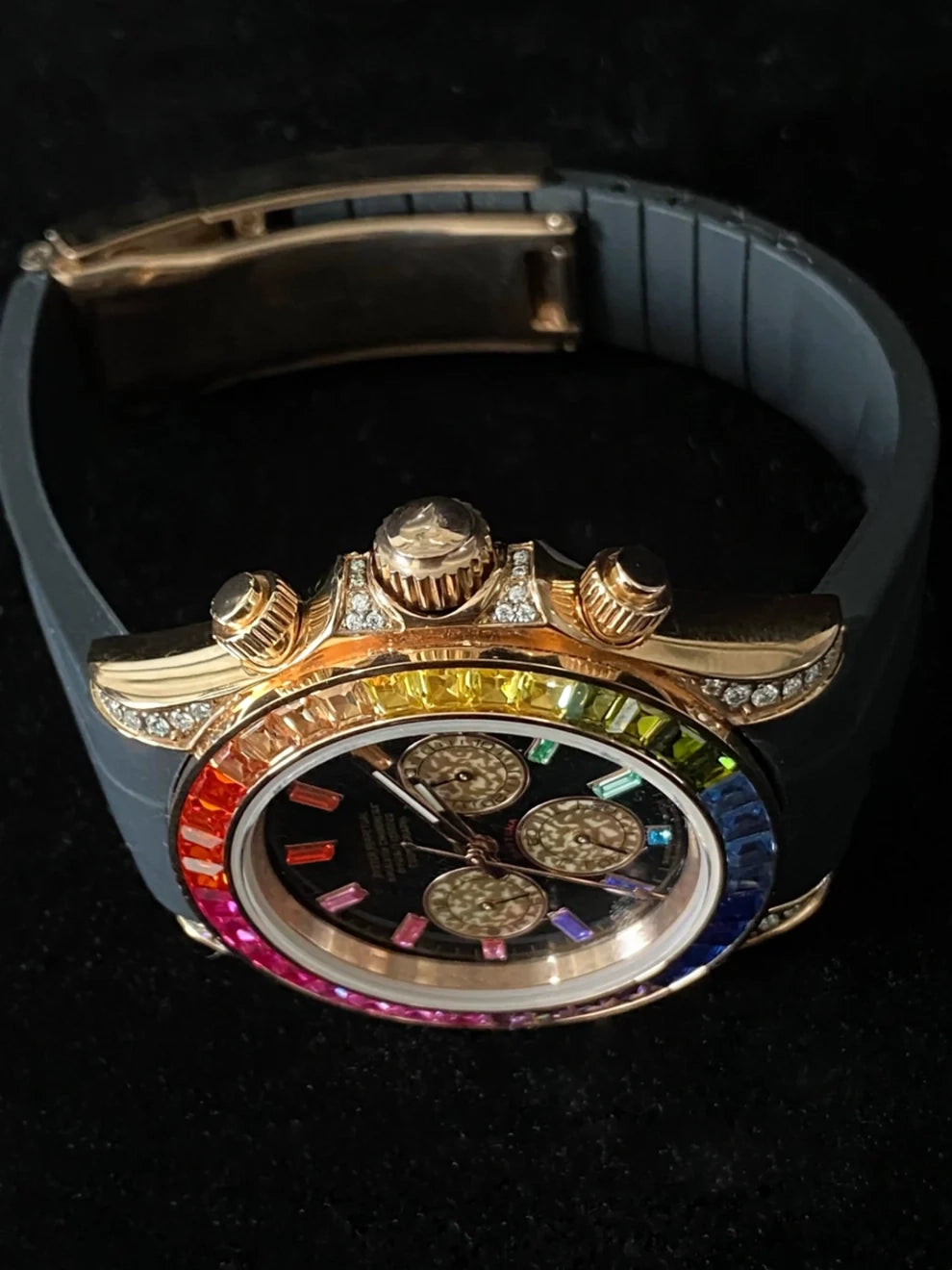 Black Strap With Colorful Baguette Bezel Dial Moissanite Watch
