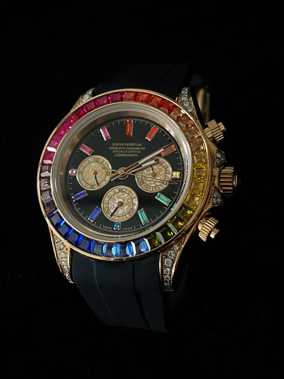 Black Strap With Colorful Baguette Bezel Dial Moissanite Watch
