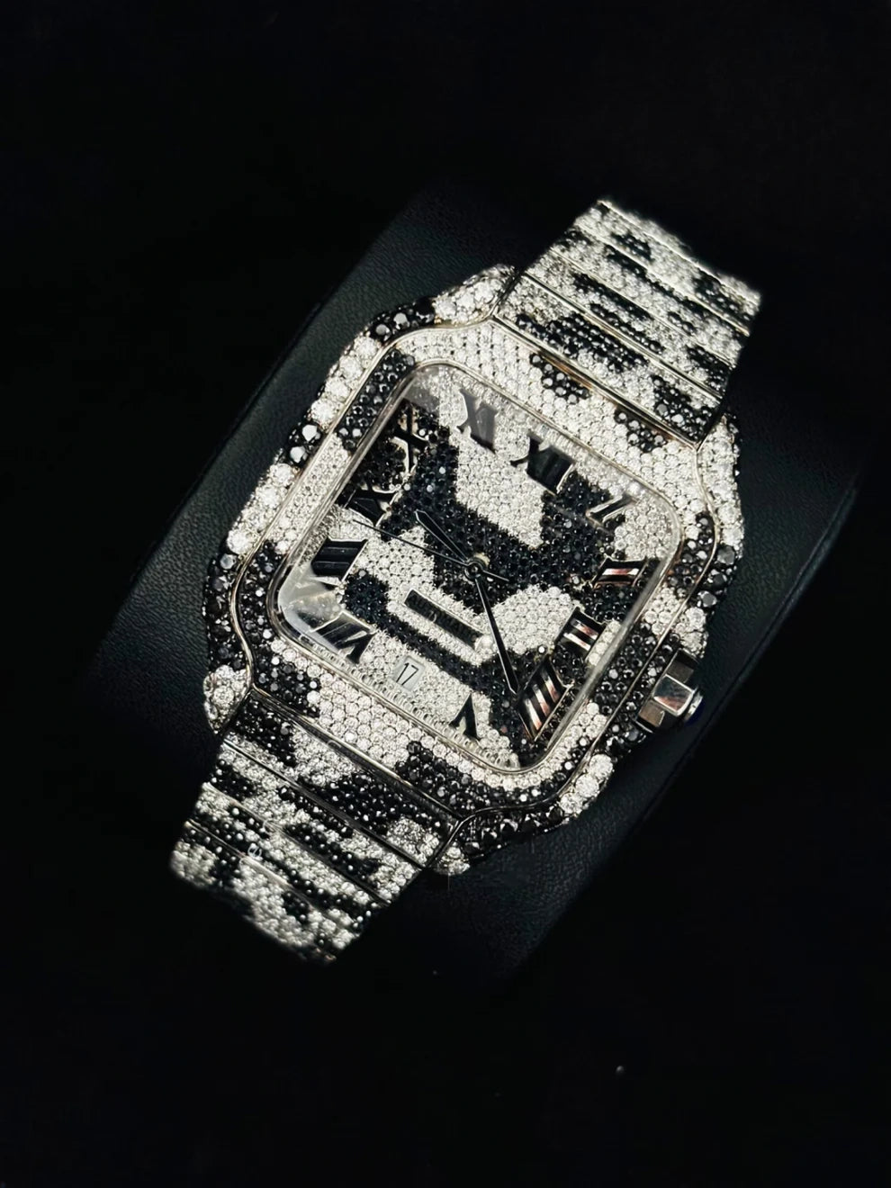 Roman Number Black & White Camo Style Moissanite Watch