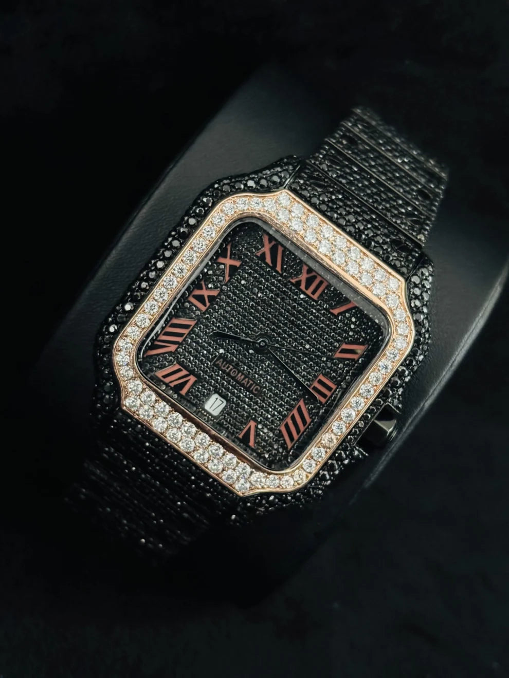 Men's Roman Number Black & White Moissanite Diamond Watch