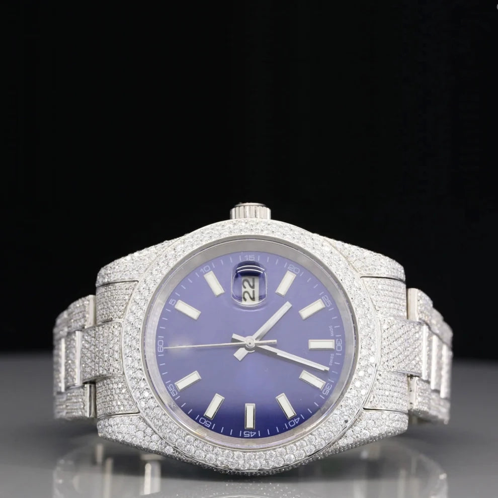 Men's Blue Dial Moissanite Diamond Fully Iced Out Watch For Men