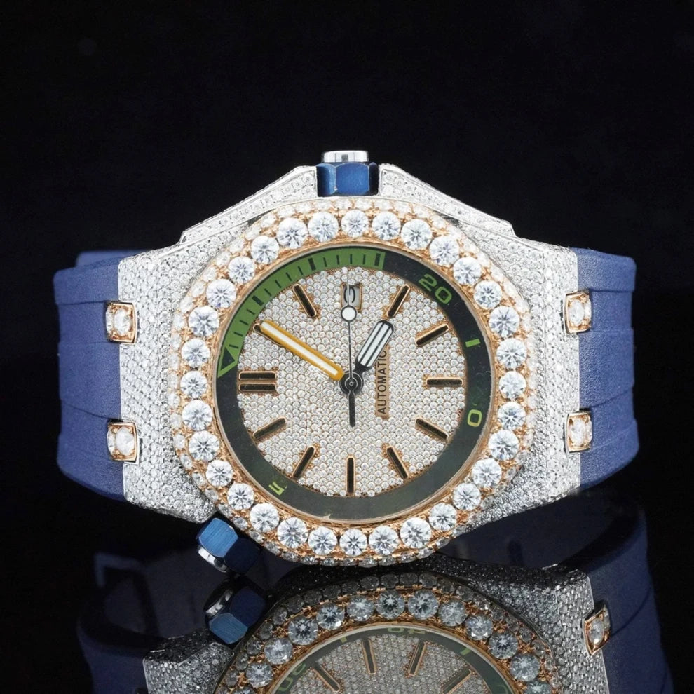 Blue Silicon Strap Automatic Moissanite Iced Bling Diamond Watch