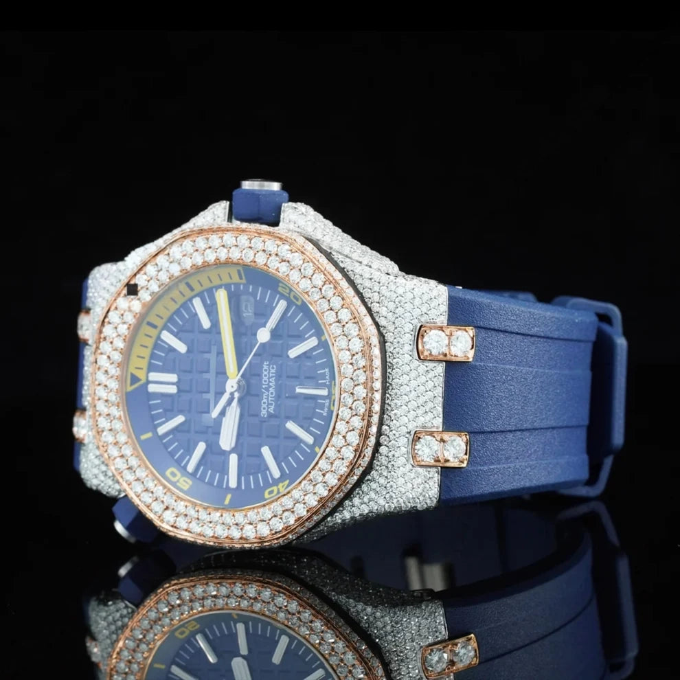 Blue Dial VVS Moissanite Bezel Diamond Stainless Steel Watch