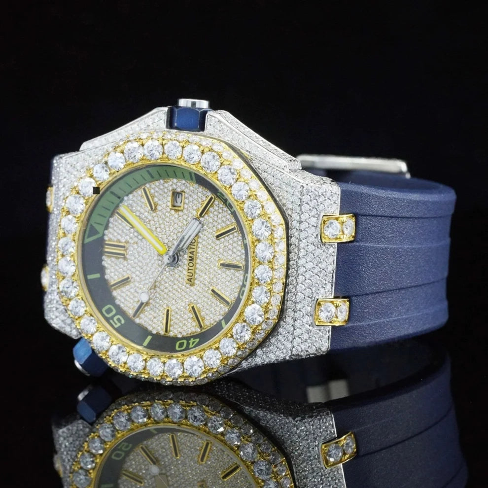 Blue Silicon Strap Automatic Moissanite Iced Bling Diamond Watch