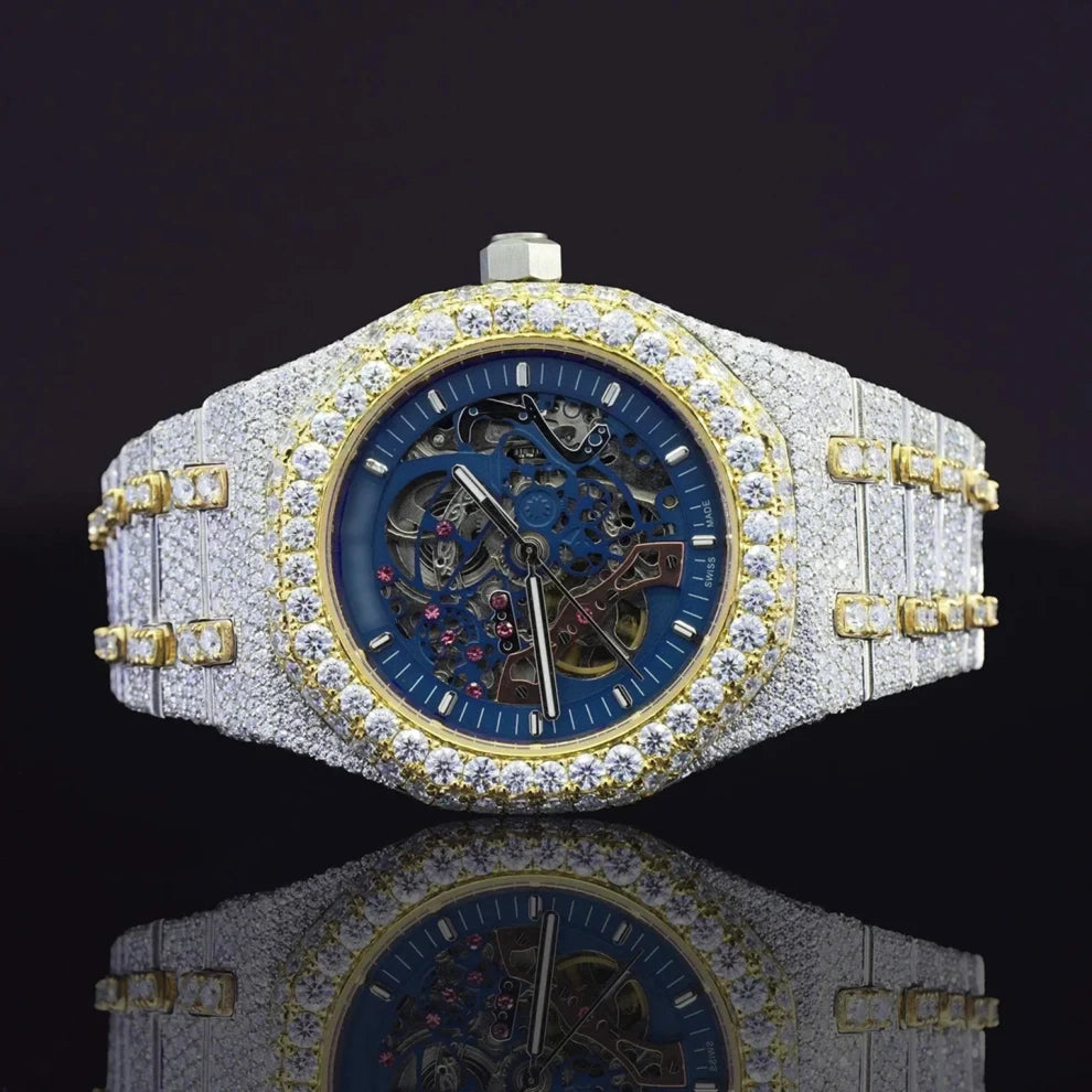 Fully Studded Iced Out Blue Skeleton Bussed Down Watch