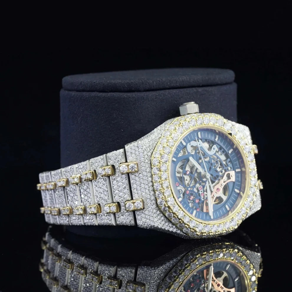 Fully Studded Iced Out Blue Skeleton Bussed Down Watch