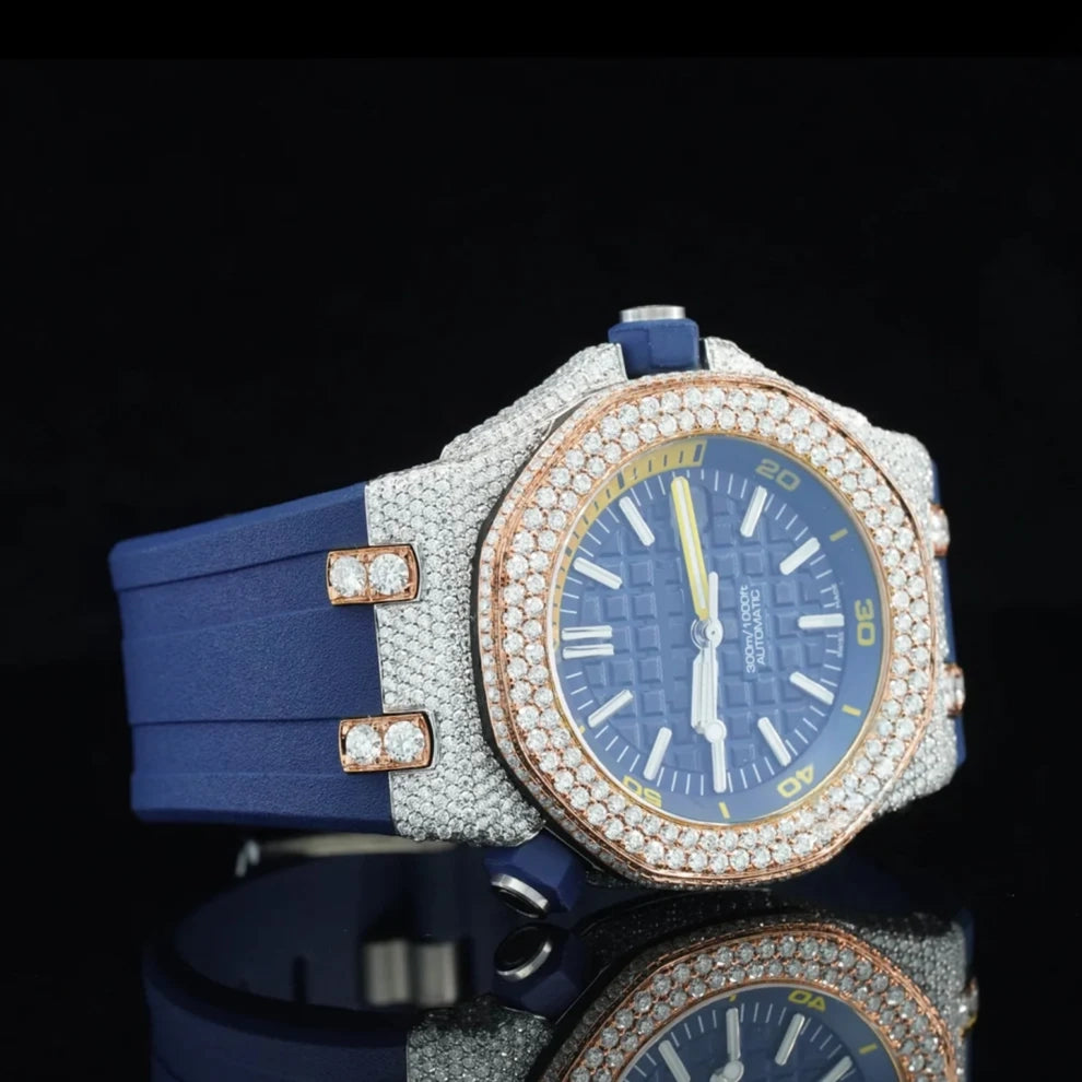 Blue Dial VVS Moissanite Bezel Diamond Stainless Steel Watch
