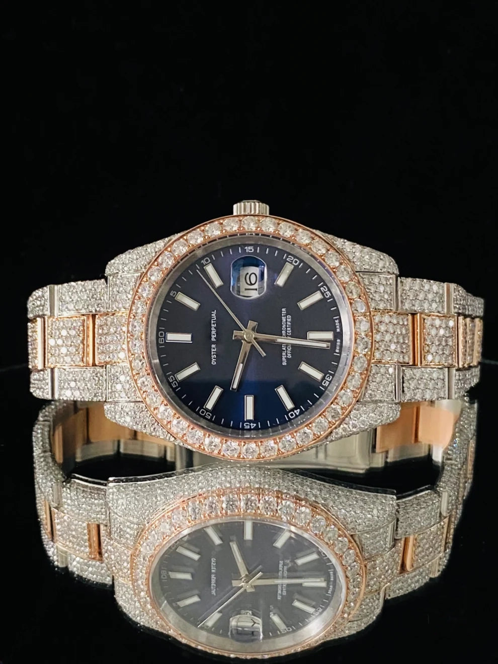 Dual Tone Big Bazel Blue Dial Rapper Moissanite Watch