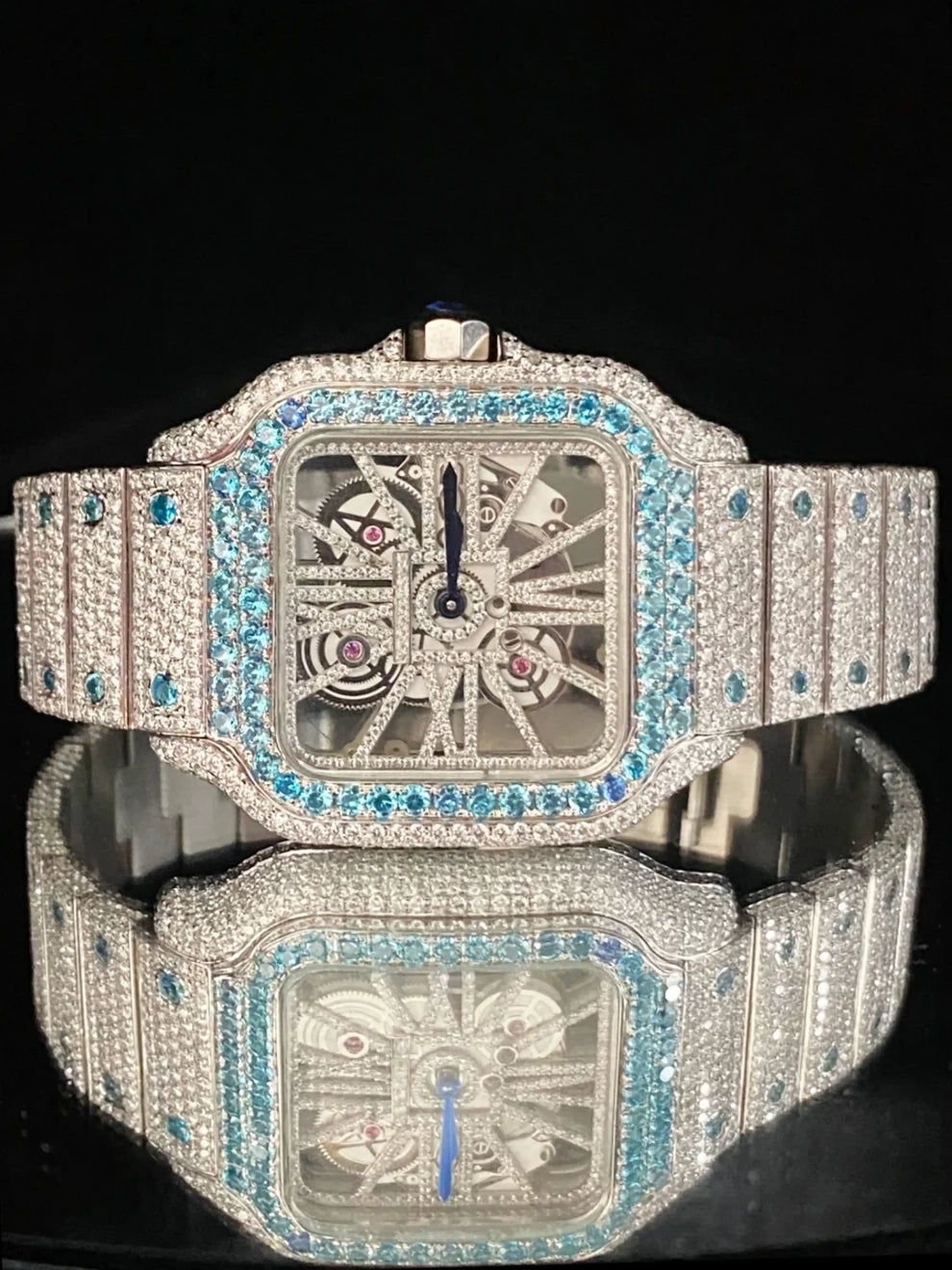 Luxury Skeleton Dial VVS Sky Blue Moissanite Diamond Watch