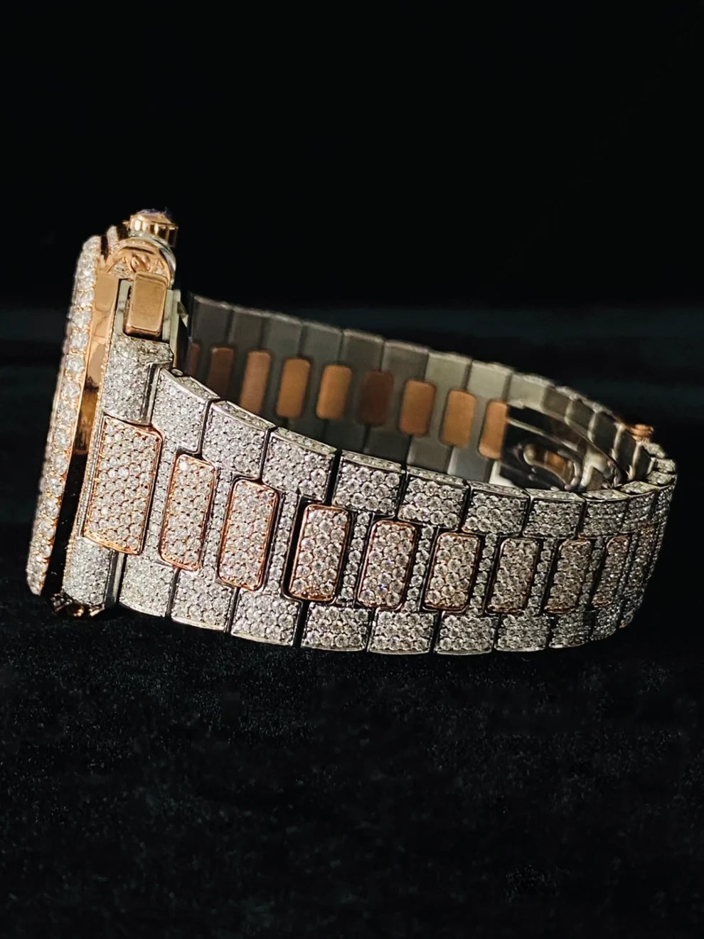 Two Tone Blue Dial Rose Gold Plated Moissanite Watch