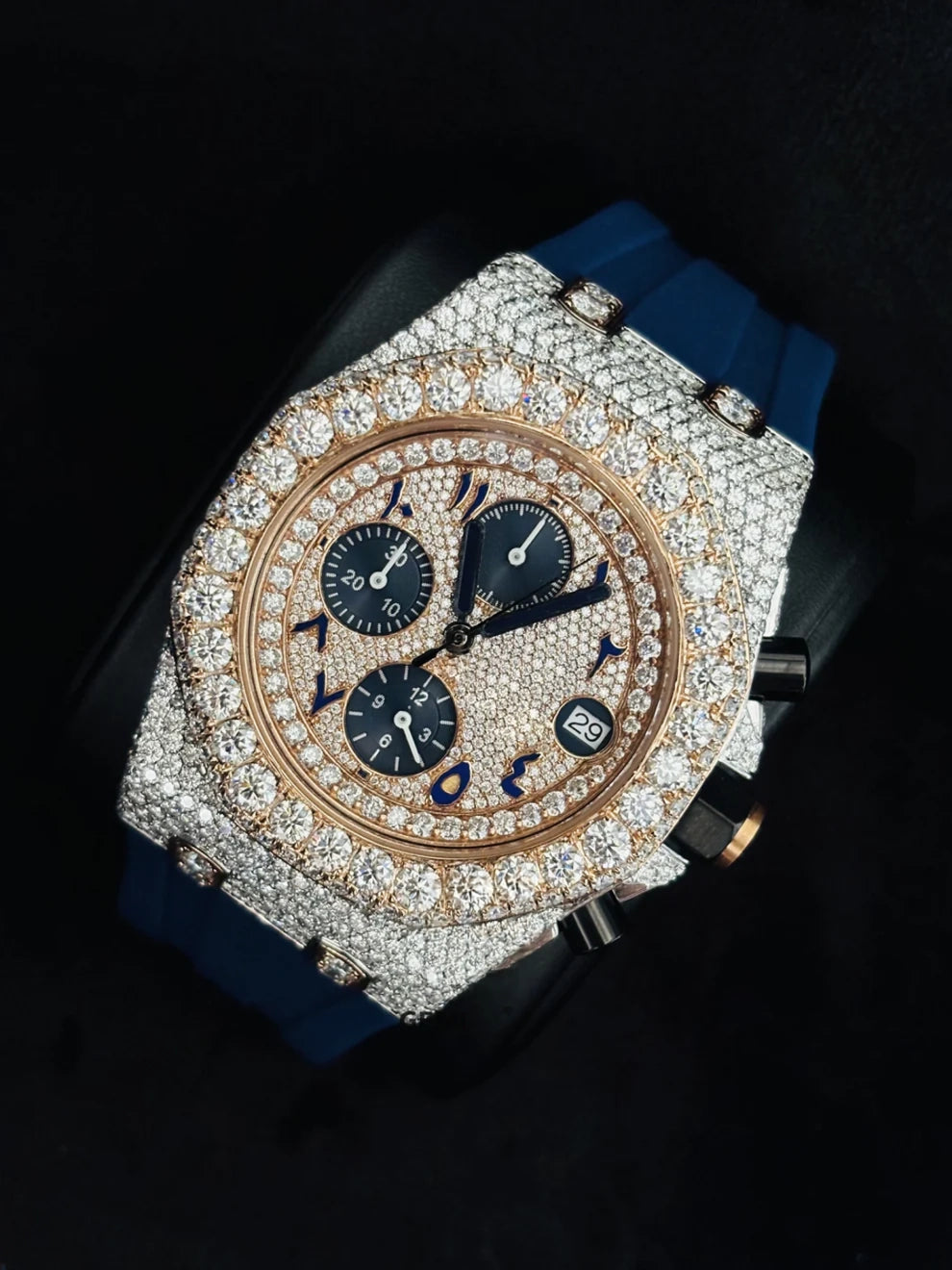 Rose Gold Plated Arabic Number Chronograph Moissanite Watch