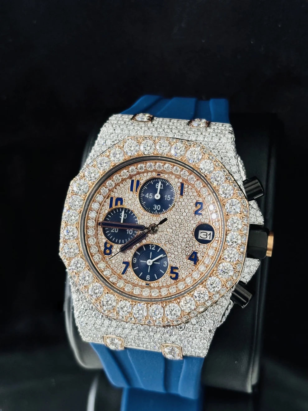 Blue Chronograph Face Dial Rubber Strap Moissanite Watch
