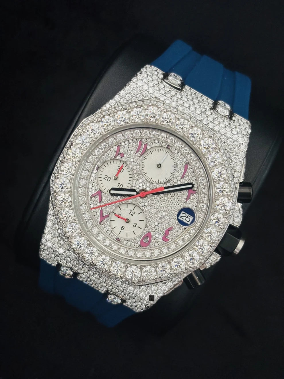 Blue Silicon Strap Fully Face Dial Moissanite Diamond Watch