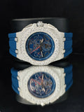 Skeleton Dial Blue Silicon Strap Iced Out Moissanite Watch