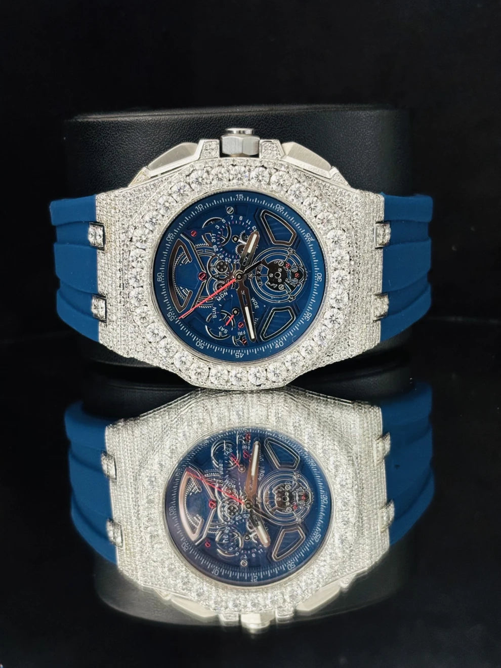 Skeleton Dial Blue Silicon Strap Iced Out Moissanite Watch