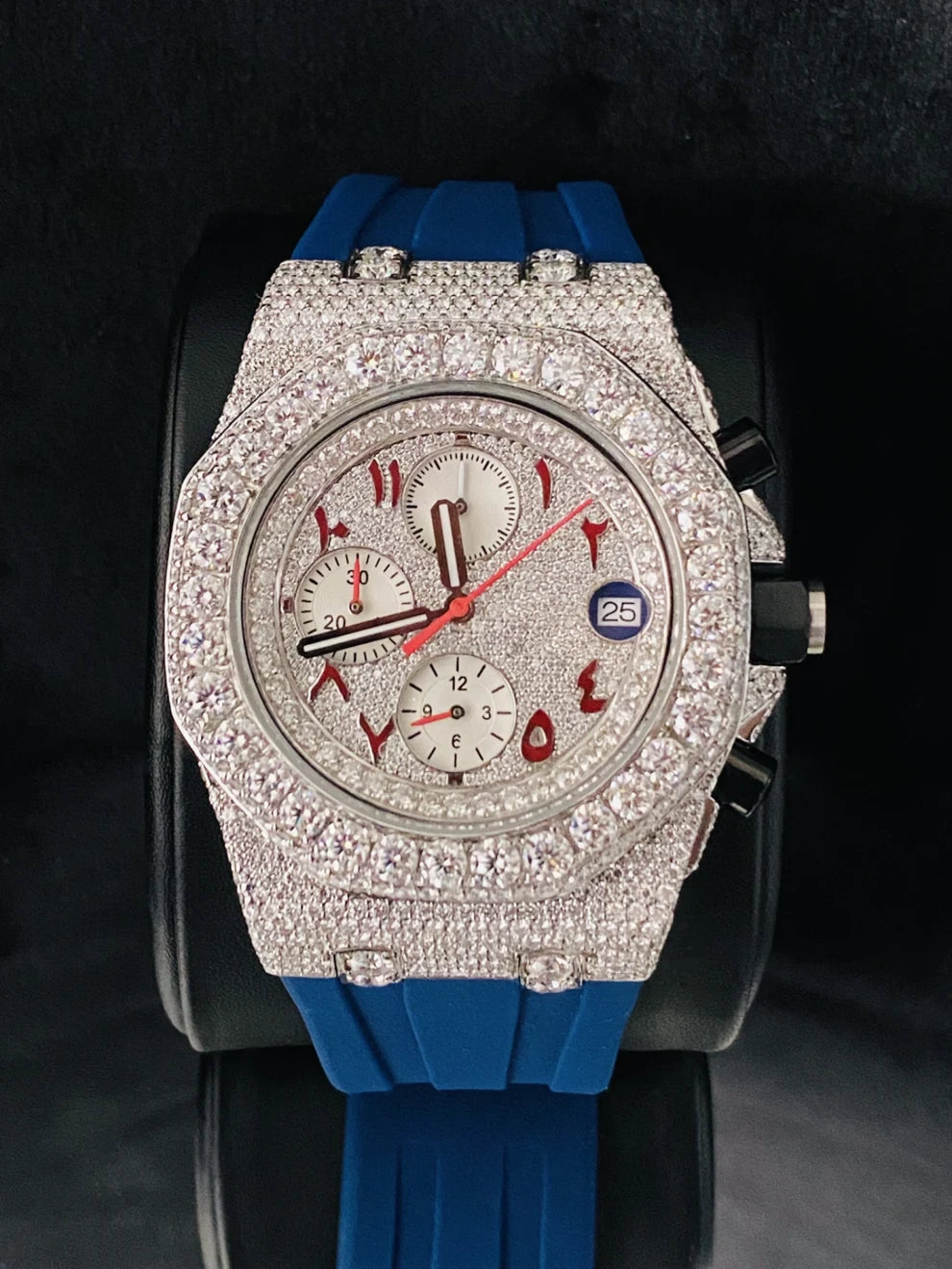 VVS Face Dial Moissanite Watch With Blue Silicon Straps