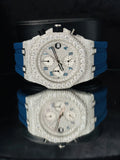 Chronograph Blue Silicon Strap Moissanite Diamond Watch