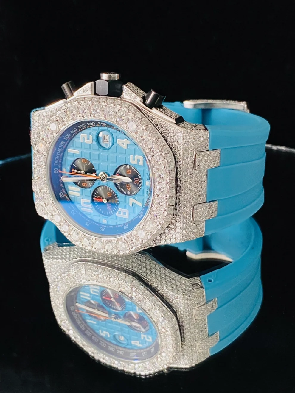 Sky Blue Fully Face Dial Iced Out VVS Moissanite Watch For Men